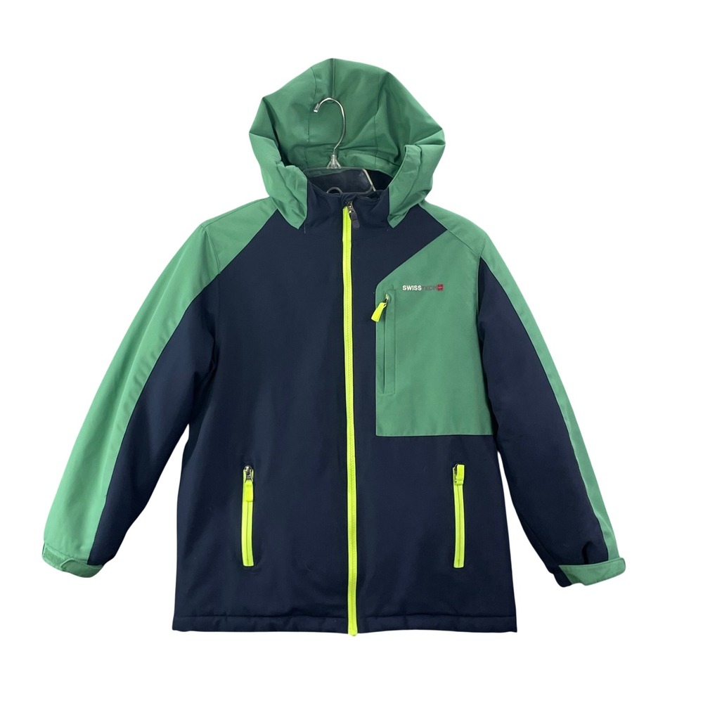 Swiss Tech Hooded Jacket Kids L 10-12 Green Navy Colorblock Fleece Lined Winter